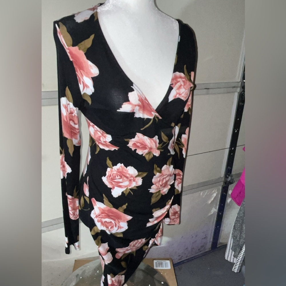 Heart Hips Black and Pink Floral Long Sleeve Dress